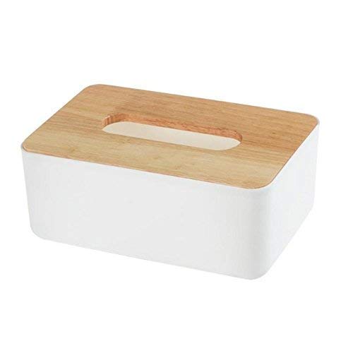 EASY SHOPE Plastic Square Shape Tissue Paper Holder Box with Wooden Cover for Car Decor Home Room Hotel (22.5 x 13 x 9 cm, White) - 1 pcs