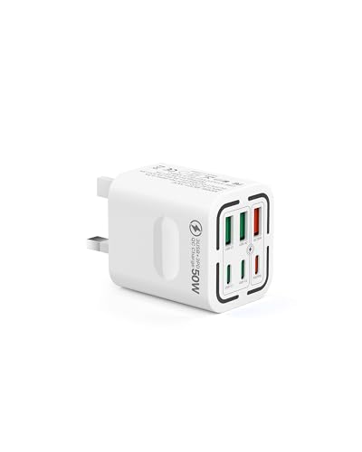 USB C Plug Fast Charge 50W 6-Port Multi USB Charger Plug UK 30W PD/PPS + 20W QC Power Adapter Mains Type C Charging Plug for iPhone 17 16 15 14 13 12 11 Pro Max iPad Samsung Galaxy