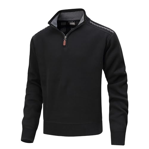 MeiLayM Mens 1/4 Zip Sweater Winter Warm Jumper Stand Up Collar Pullover Casual Knitted Long Sleeves Sweater Fleece Lined Pullovers Black,M