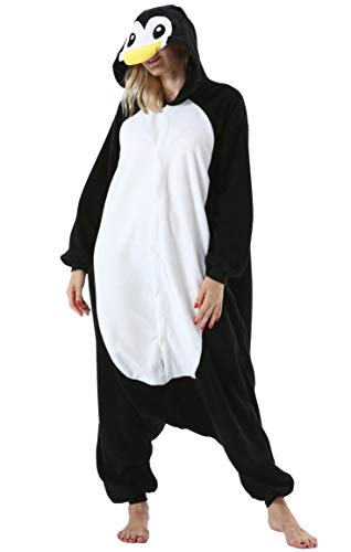 ULEEMARK Damen Herren Jumpsuit Onesie Tier Fasching Halloween Kostüm Lounge Sleepsuit Cosplay Overall Pyjama Schlafanzug Erwachsene Unisex Schwarz Pinguin for M