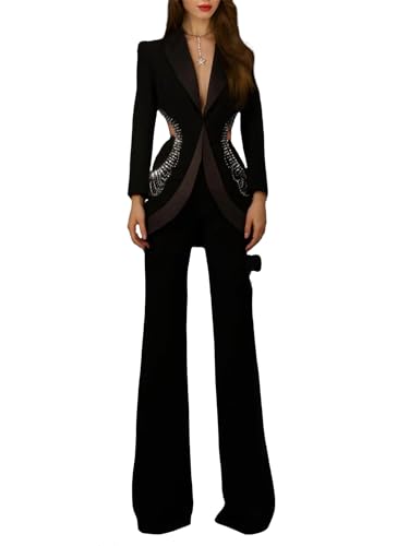 Women's Designer Suit Set Hollow Out Luxury Diamond Crystal Lapel Blazer Pants Set Chic Female 2 Piece Sets