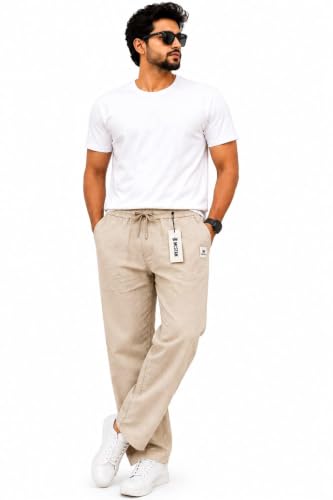 Image of MCSTAN Men's Linen Blend Cotton Pants Casual Relaxed Fit Lightweight Summer Trousers with Elastic Waist Drawstring and Pockets Beach Vacation Holidays