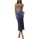LIGHT DOT Women's Summer Dress Gradient Strapless Tube Dress Bodycon Long Dress Side Slit Mesh Layered (Brown Blue,M)