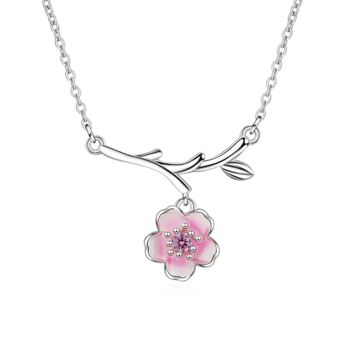 Hudiepan Kirschblüte Halskette, Rosa Kristall Zirkon Kirschblüte Blume Kette, Damen Kette, Kirschblüten Blume Halskette, Kirschblüte Anhänger Halskette, 45CM Kettenlänge Geschenk für Damen Mädchen