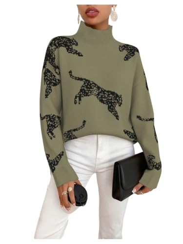 Image of WDIRARA Women's Leopard Tiger Print Sweater High Neck Long Sleeve Fuzzy Knitted Pullover Top