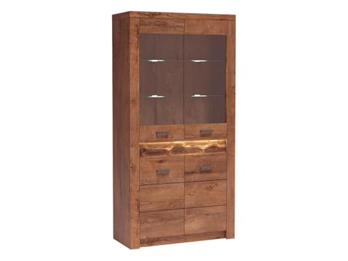 Mirjan24 Vitrine Indiano I-03, Glasvitrine, Standvitrine, Vitrinenschrank, Hochschrank, Modernes Wohnzimmer Set (Esche Hell, mit warmweißer LED-Beleuchtung)