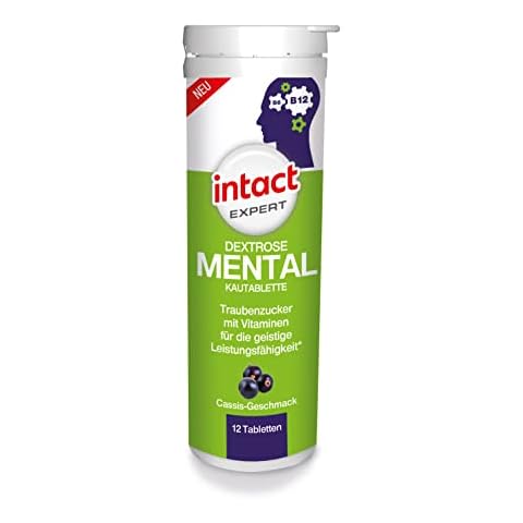 intact EXPERT Dextrose MENTAL 12 Kautabletten mit Cassis-Geschmack • Traubenzucker mit Vitaminen für geistige Leistungsfähigkeit 100% Vegan Cover