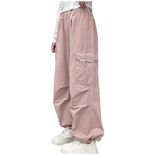 Girls Cargo Pants Solid High Waist Drawstring Cinch Bottom Trousers Trendy Baggy Y2K Streetwear Pant with Pockets