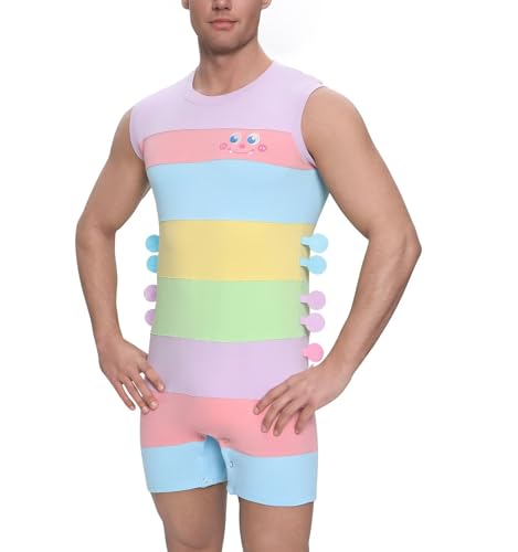 Adult Onesie for Men Sleeveless Bodysuit Romper Pajamas Colorful Striped Tank Top Funny Cosplay Outfit3