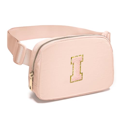 Image of Gitus Gifts for 8 9 10 11 12 Year Old Girls Belt Bag Fanny Pack Crossbody Bags with Initial Letter Patch Cute Stuff Birthday Gifts for Teen Girls Women Personalized Trend Stuff (Coral Pink-I)