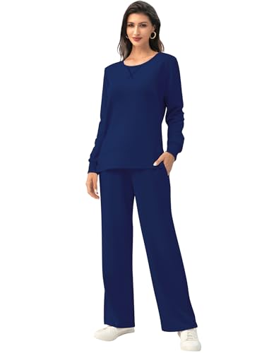 EYZH Women's 2-Piece Lounge Set,Travel Outfits - Long Sleeve Crewneck & Wide-Leg Pants Tracksuits, Side Slit Fall Loungewear3