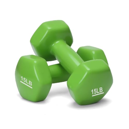 Image of amazon basics Vinyl Coated Dumbbells | Set of 2 | 15 Pounds Each | Cast Iron Dumbbells | Green