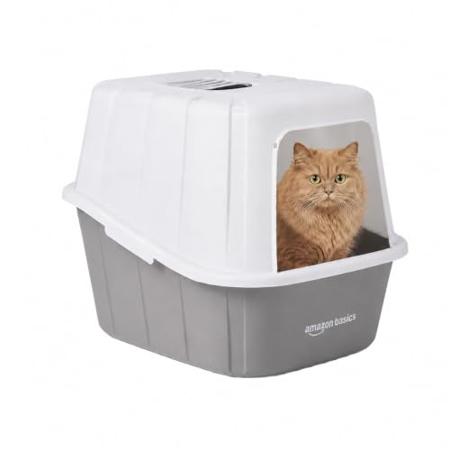 Image of Amazon Basics Semi Enclosed Cat Litter Box | Large Litter Tray | Easy Clean Cat Washroom for Indoor Cats | Brown + White | 38 X 40 X 48 cm | Suitable for Kittens & Cats