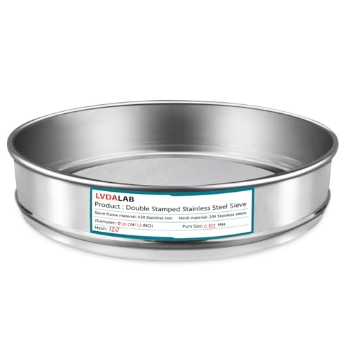 LVDALAB 304 Stainless Steel Lab Sieve Screen Mesh, 120 Mesh (0.125mm) Aperture Test Sieve, 12Inch(30cm) Diameter Economy Standard Analysis Sample Test Sieves for Industrial Laboratory Homes