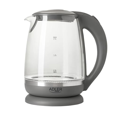 Adler AD1286 Hervidor de Agua Eléctrico de Cristal 2 Litros, Vidrio sin BPA, Retroiluminado, Apagado Automático, Inalámbrico 360º sin Cable, 2200W