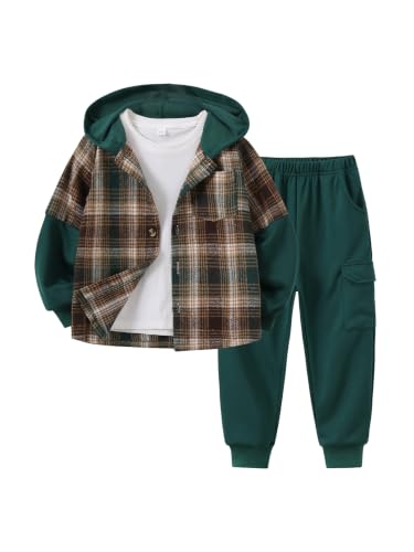 Image of 2Pcs Kids Boys Flannel Plaid Shirt Tops Pants Set Hoodie Sweatsuit for Fall Winter Spring Outfits 4-12 Years