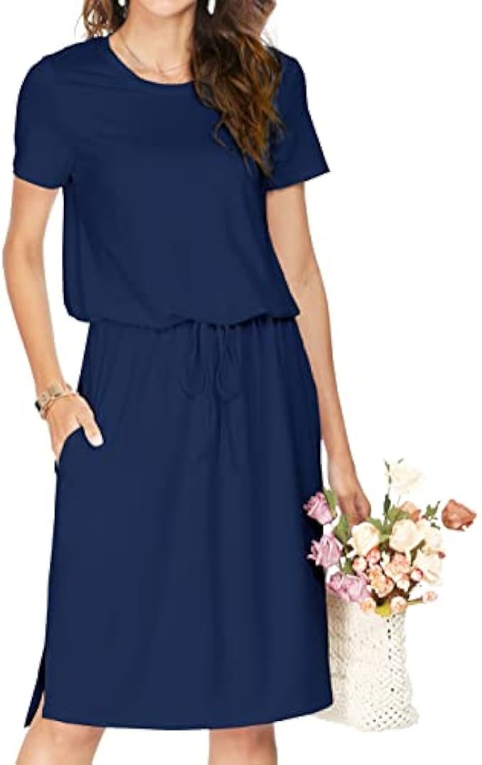 Simier Fariry Womens Hide Belly Work Casual Midi Dresses with Pockets