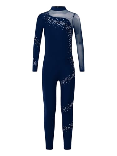 Miutii Maillot de gimnasia para niña, de manga larga, con purpurina, traje de ballet para niños, camiseta de patinaje artístico, body deportivo, mono, azul marino, 158-164