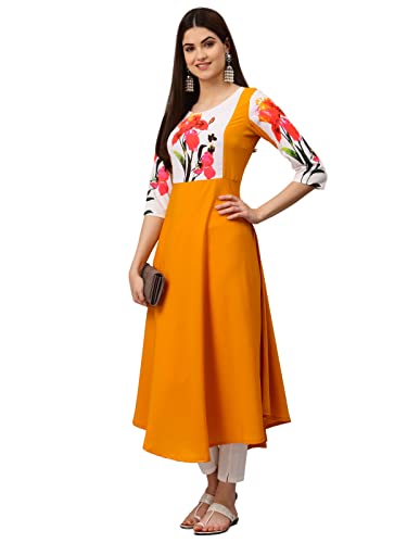 Image of Women's Crepe A-Line Printed Kurti(ALC9121YLW1 Yellow X-Small)