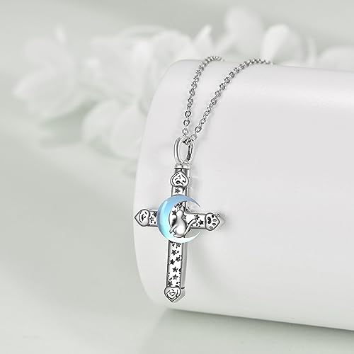POPLYKE Pet Cat Cremation Jewelry for Ashes Sterling Silver Memorial Ash Jewelry Moonstone Cross Keepsake Urn Pendants for Animal Ashes Necklace - Image 4