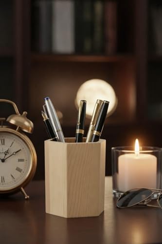 Image of ᵀᴹ Diamond Shaped Wooden Pencil /Pen Holder -Cherry & Sheesham Wood Desk Organizer, Wooden Minimalist Pen Box, Home Office Decor, Gift for Kids (Cylindrical)