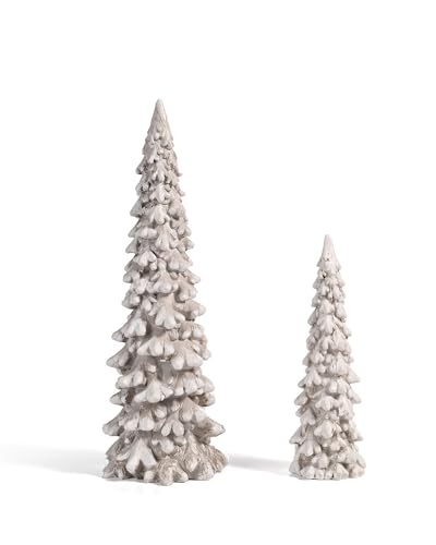 RM ROOMERS 2Pcs Resin Christmas Tree Statues Clearance, Table Top Small White Christmas Decorative Figurine Set, Indoor Artificial Xmas Tree Figurines for Desk Mantel Decor Gifts