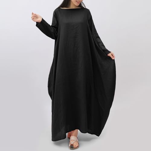 Image of Women's 2025 Spring 100% Linen Long Dress with Long Sleeve Maxi Dress Casual Loose Fitin Solid Color Pockets