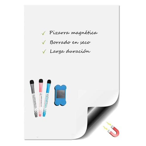 MERYLAND Pizarra Magnética Nevera Blanca A3, Tablero Magnético de Borrado en Seco con 3 Rotuladores y un Borrador, Pizarra Cocina Pared Imán, Lámina pared imantada, Magnetic Whiteboard