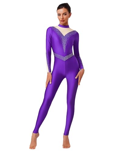 Fldy Damen Ganzkörper Turnanzug Langarm Glitzer Stass Mesh Gymnastik Tanz Trikot Leoatrd Ballett Tanzkleidung Mit Stehkragen Violett M