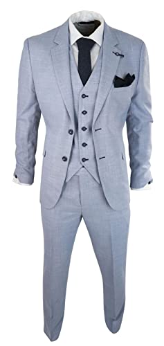 Mens 3 Piece Suit Light Blue Summer Linen Tailored Fit Wedding Prom Classic
