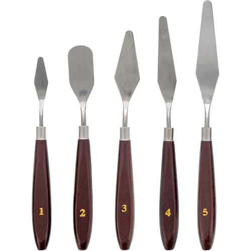 5-Piece Stainless Steel Palette Knife Set for Artists - Flexible Painting Knives & Spatulas for Oil, Acrylic, Canvas Color Mixing, Blending, Scraping, and Cake Decorating | Wood Handle