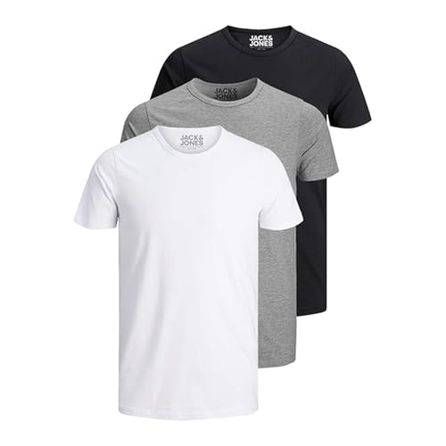 3er Pack Jack & Jones Herren T-Shirt Basic mit Rundhals einfarbig Slim Fit in weiß schwarz blau grau (L, 3er Pack Farb Mix 1)