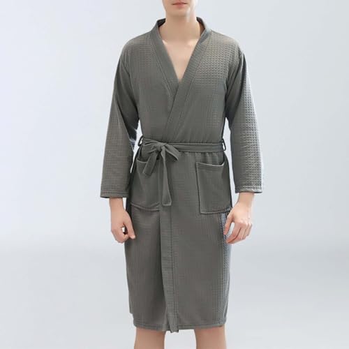 Mens Waffle Robe Spa Bathrobe Shower Robes Long Sleeve Solid Color Fashion Sleepwear Lace Up Robes with Pockets2