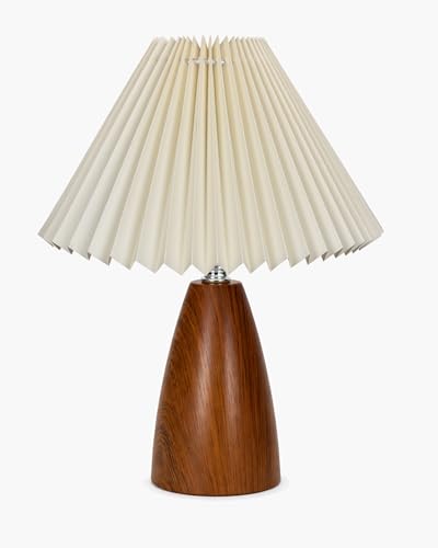 Image of Homesake Wood Grain Pattern Small Table Lamp, Desk Light, Wooden Bedroom Lamps for Nightstand, Scalloped Lamp Shade Table Lamps Small Spaces, Bedroom, Living Room, Taper Cone, (Pleated Off-White)