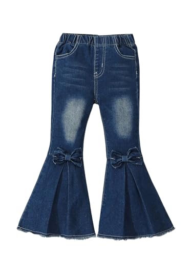 WDIRARA Toddler Girl's High Waisted Bow Front Bell Bottom Jeans Flare Leg Denim Pants Dark Blue 4Y