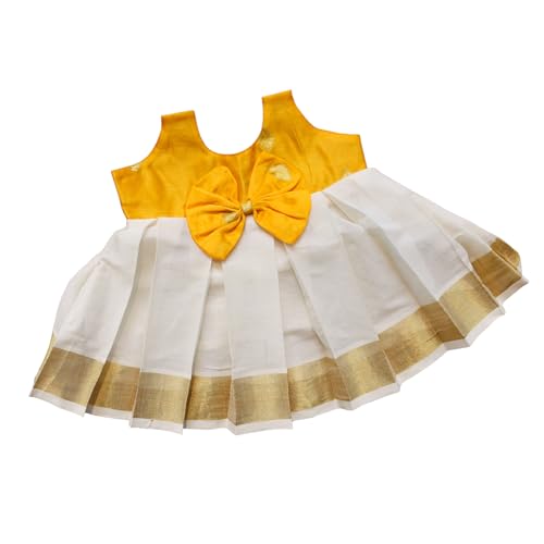 Picksparrow Chanderi Cotton Silk – Kerala Kasavu Baby Girl Box Pleated Frock(Dry Clean only)