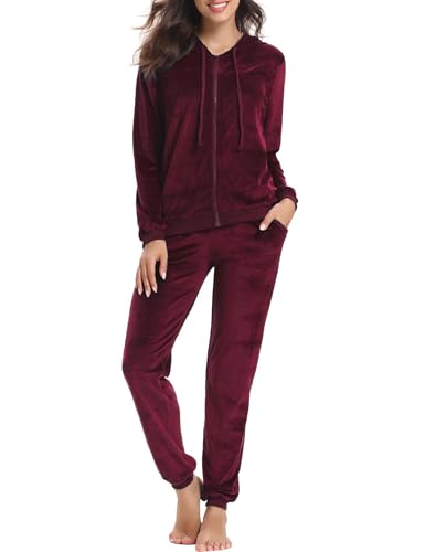 Aottori Conjunto Chandal Mujer Terciopelo Conjunto Sudaderas Capucha con Cremallera de Manga Larga y Pantalones Ropa Deportivos Otoño Invierno Pijamas de 2 piezas Vino Tinto L