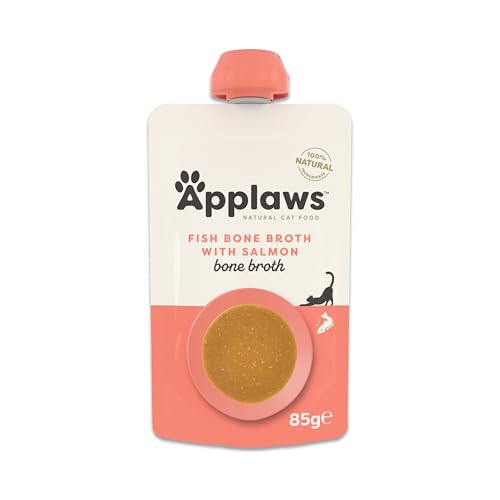 Applaws Comida Húmeda para Gatos 100% Natural – Topping de Caldo de Pescado con Salmón, en Bolsas con Boquilla de 85g