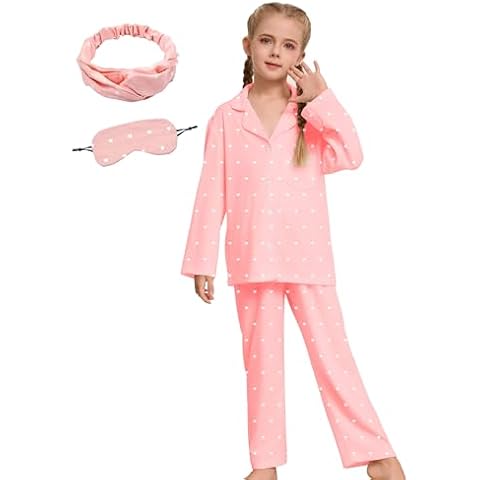 ALHAVONE 4 Pcs Kids Girls Pajamas Set with Headband Eye Masks Boy Girl Button-up Pajama Sleepwear Nightwear (Pink-heart, 150) Cover