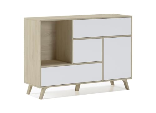 Skraut Home | Aparador para Salón o Comedor | 86 x 120 x 40 cm | Buffet con 1 Puerta + 3 Cajones | Modelo Wind | Madera Resistente | Acabado Roble/Blanco