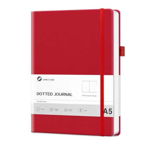 Lonely Oak Notizbuch A5 Hardcover Bullet Dotted Journal 120g/m²Dickes Premium Säurefreies Papier, 156 Seiten Journal mit Gummiband & Innentasche, 14,5 x 21,3 cm(Rot)