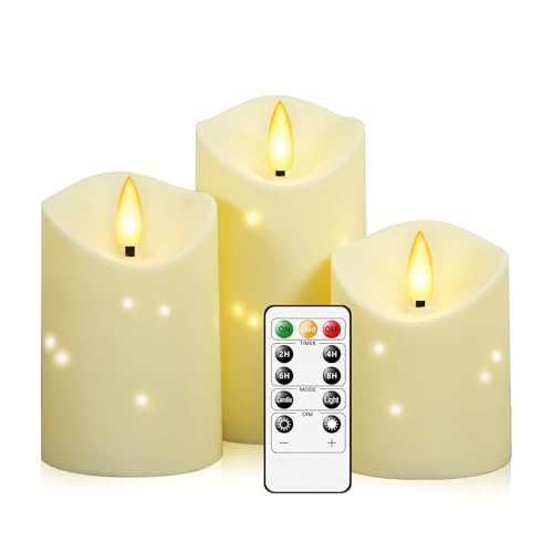 Image of kakoya Outdoor Waterproof Flickering Flameless Candles with Embedded Star String,3Pcs LED Pillar Candles Battery Operated with Remote and Timers for Courtyard,Porch,Camping,Holiday Decoration(Ivory)