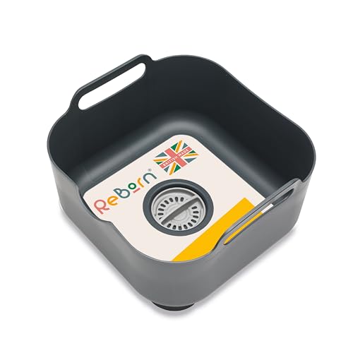 ReBorn - Recycled Washing Up Bowl - Kitchen Dish Wash & Drain - Large Carry Handles - Integrated Plug - Useful Pour Spout - 9 Litres Capacity - Made in Britain (Dark Grey)