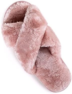 Leixinsenfa Cross Band Fluffy Fuzzy Slippers Open Toe Soft Plush House Slippers Indoor Outdoor Bedroom Cozy Slippers for Women Warm Slides Shoes Pink 7-8 | Image 3