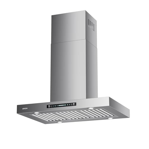 IKTCH Upgrated 36 inch Island Mount Range Hood, 900 CFM Ducted Range Hood with 4 Speed Fan, Stainless Steel with Gesture Sensing & Touch Control Making life Smarter IKIS02-36