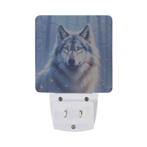 Image of Wolf Winter Forest Night Lights 2 Pack Plug-in Wall Led Nightlight Auto Dusk-to-Dawn Sensor Lamps for Bedroom Kitchen Bathroom Hallway Stairs
