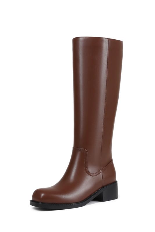 Image of ZJA Knee High Boots Square Toe Boots Low Heel Flat Long Boots for Women Dress Chunky Comfortable Tall Boots