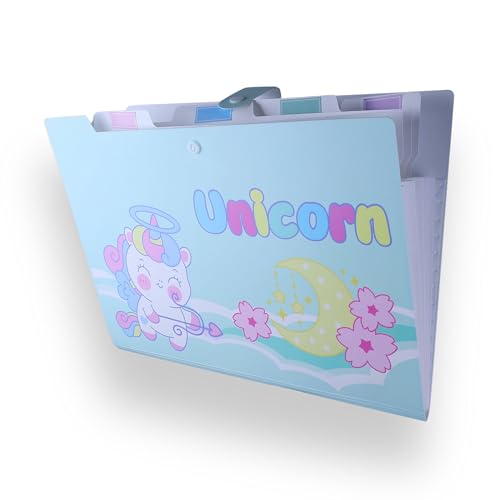 Image of SPS A4 Expanding File Folder - Pack of 4 | Unicorn Theme | 5 Pockets | Pastel Colors - Blue, Purple, Green, Pink | Snap Button Closure | Fits A4 & Letter Size | Cute & Kid-Friendly