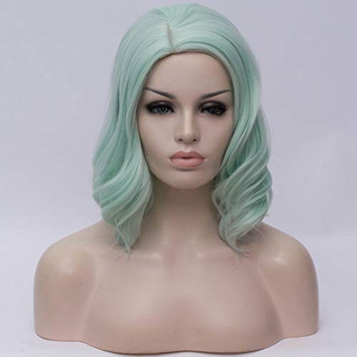 BUFASHION Bob Curly Wavy Wig Short Light Green Wigs Cosplay Costume Halloween Wigs For Women With Wig Cap (Light Green)