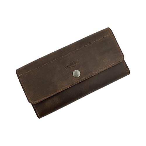 Heather's, Minimalist Tri Fold Folio Wallet for Women, Card Saver, Stylish Organizer with Button Closure and Zipper Coin Pocket, Full Grain Leather, Handmade, Bourbon Brown